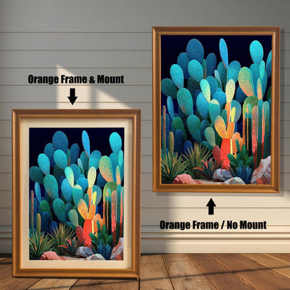 Two orange-framed art prints of the abstract cacti. The image on the left shows the art with a mount (matting). The image on the right shows the art in an orange frame with no mount. Text indicates the difference.