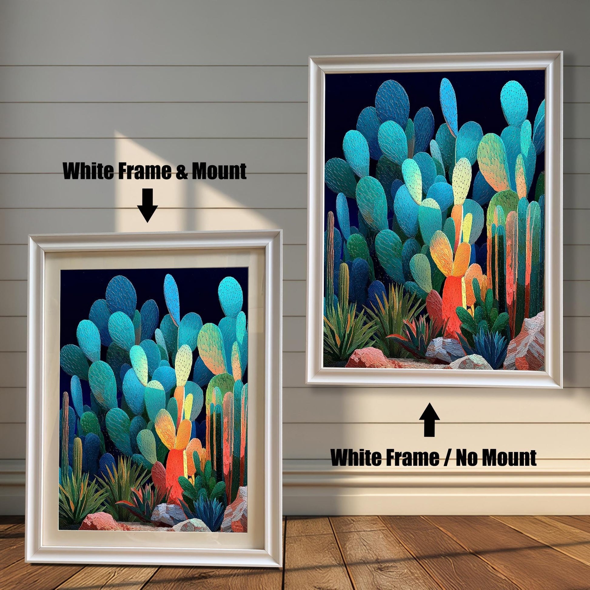 Two white-framed art prints of the abstract cacti. The image on the left shows the art with a white mount. The image on the right shows the art in a white frame with no mount. Text indicates the difference.