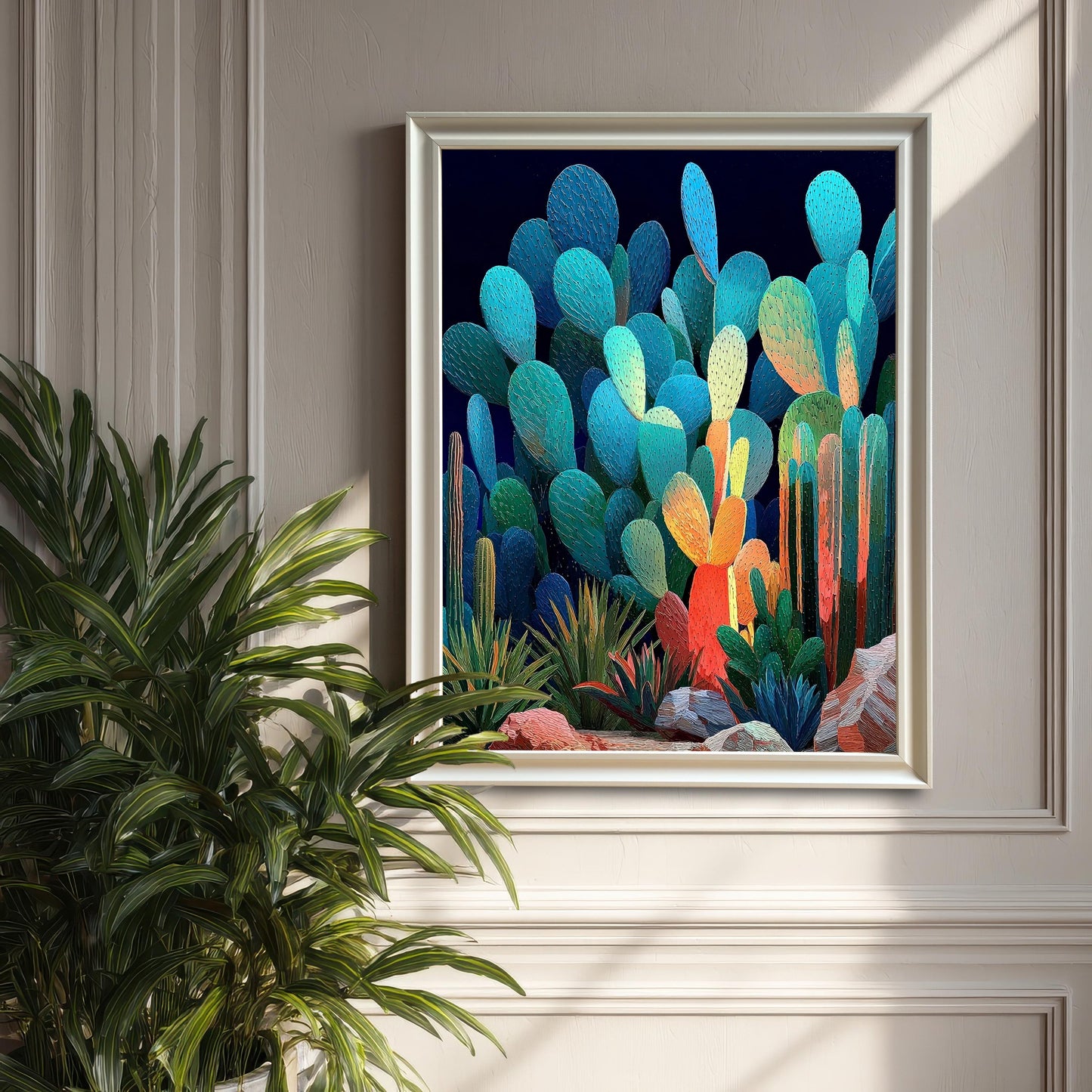 A large, white-framed, vertical art print of abstract, glowing blue and orange cacti, hanging on a light gray wainscoting wall, with a large potted plant in the foreground.