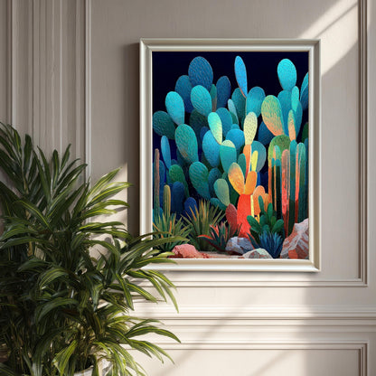 A large, white-framed, vertical art print of abstract, glowing blue and orange cacti, hanging on a light gray wainscoting wall, with a large potted plant in the foreground.