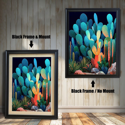 Two black-framed art prints of the abstract, glowing cacti. The image on the left shows the art with a mount (matting). The image on the right shows the art in a black frame with no mount. Text indicates the difference.