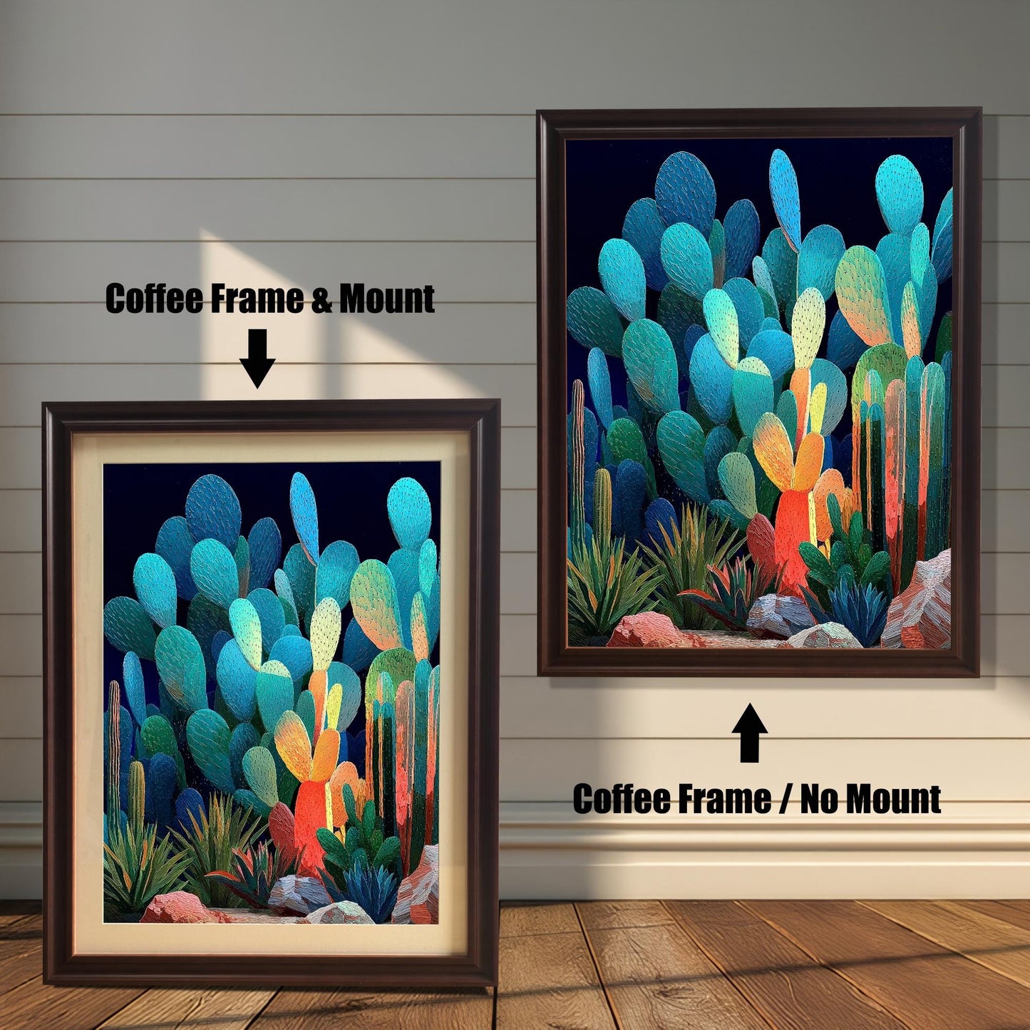 Two coffee (dark brown) framed art prints of the abstract, glowing cacti. The image on the left shows the art with a mount (matting). The image on the right shows the art in a coffee frame with no mount. Text indicates the difference.