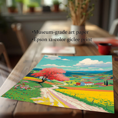 A close-up view of the unframed, colorful spring landscape art print lying on a wooden table, emphasizing the texture and print quality. Text describes it as Museum-grade art paper and an Epson 12-color giclee print.