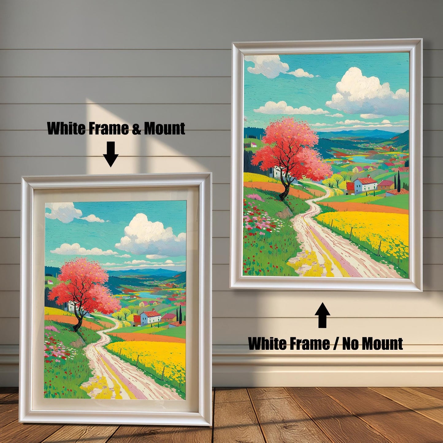 Two white-framed art prints of a colorful spring landscape. The image on the left shows the art with a white mount. The image on the right shows the art in a white frame with no mount. Text indicates the difference.