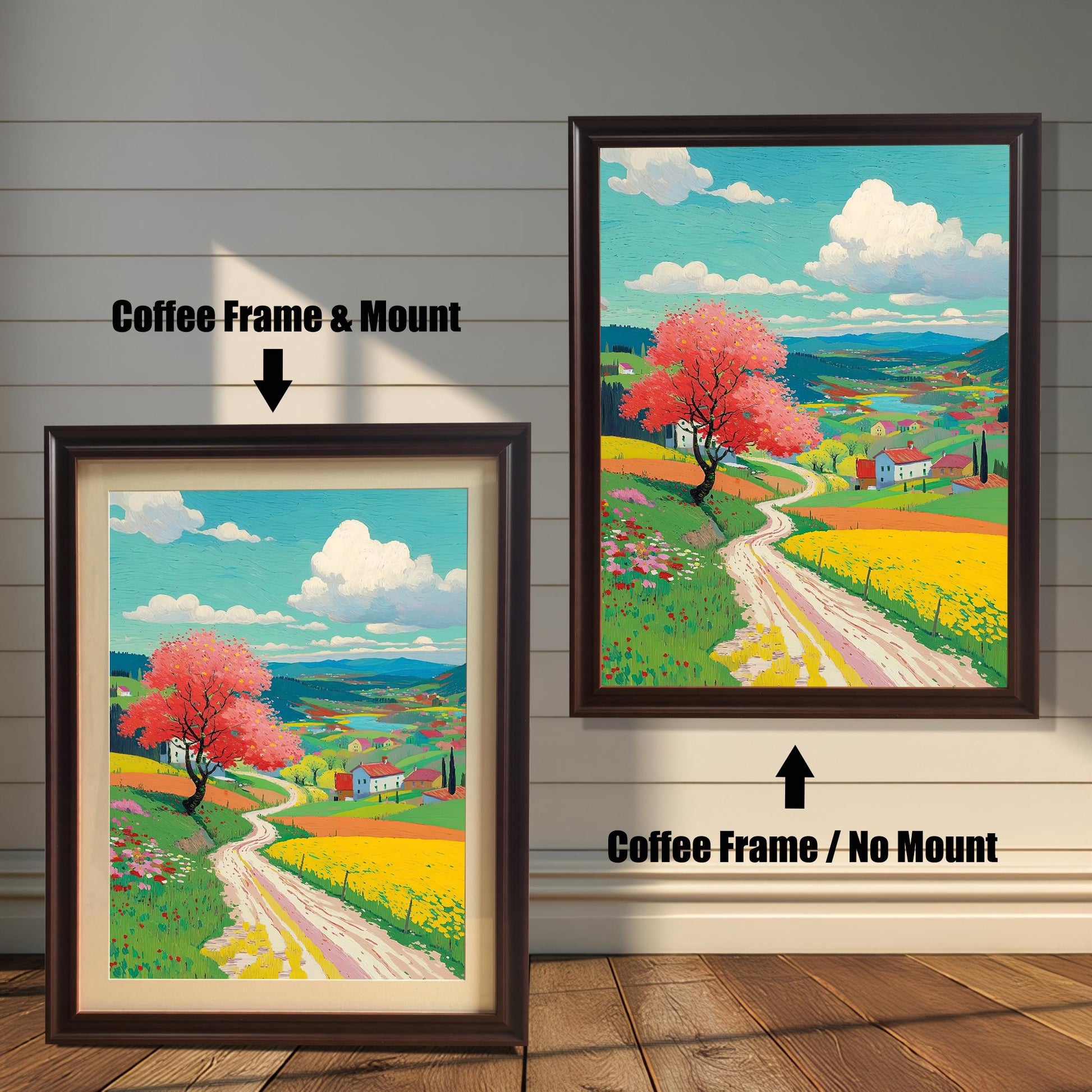 Two coffee (dark brown) framed art prints of a colorful spring landscape with a pink tree and yellow fields. The image on the left shows the art with a mount (matting). The image on the right shows the art in a coffee frame with no mount. Text indicates the difference between the two styles.