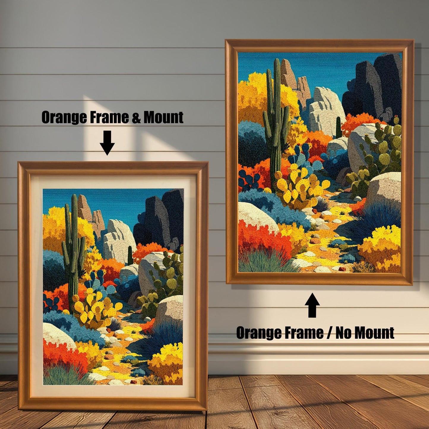 Two orange-framed art prints of a colorful desert landscape. The image on the left shows the art with a mount. The image on the right shows the art in an orange frame with no mount. Text indicates the difference.