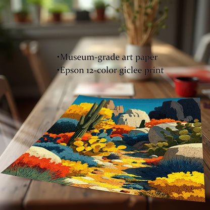 A close-up view of the unframed, colorful desert landscape art print lying on a wooden table, emphasizing the texture and print quality. Text describes it as Museum-grade art paper and an Epson 12-color giclee print.