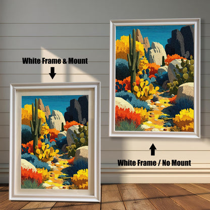 Two white-framed art prints of a colorful desert landscape. The image on the left shows the art with a white mount (matting). The image on the right shows the art in a white frame with no mount. Text indicates the difference.