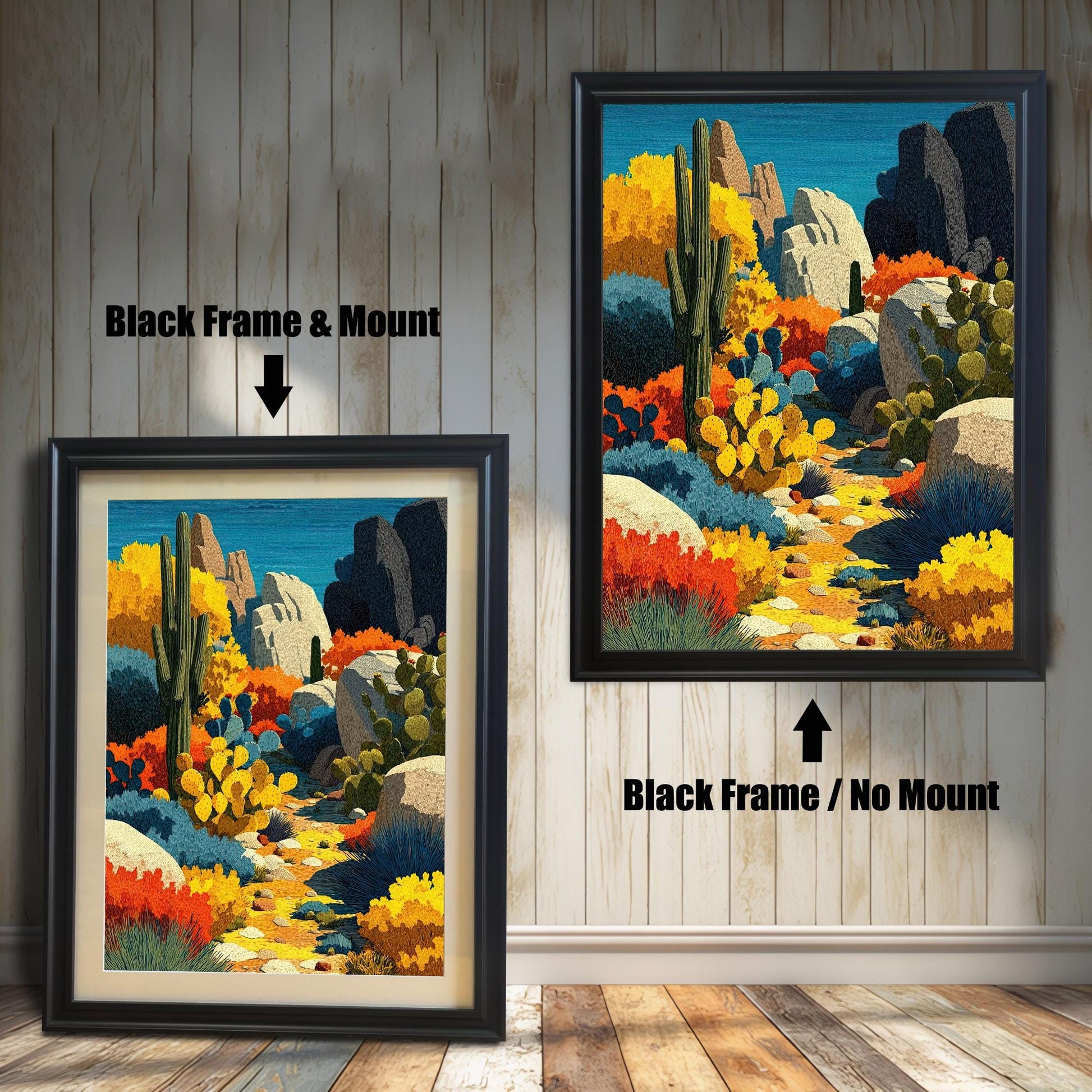 Two black-framed art prints of a colorful desert landscape. The image on the left shows the art with a mount. The image on the right shows the art in a black frame with no mount. Text indicates the difference.