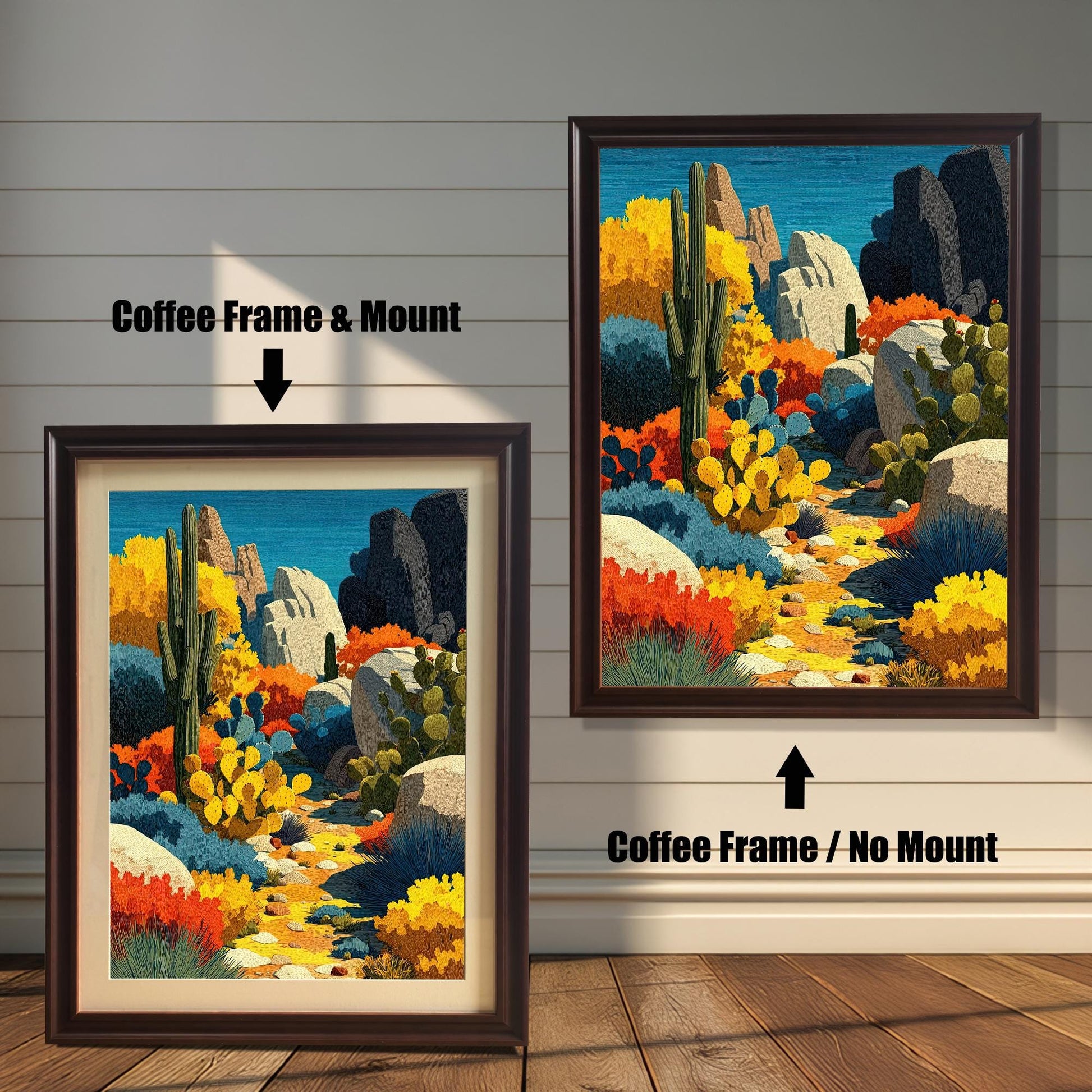 Two coffee (dark brown) framed art prints of a colorful desert landscape. The image on the left shows the art with a mount (matting). The image on the right shows the art in a coffee frame with no mount. Text indicates the difference.