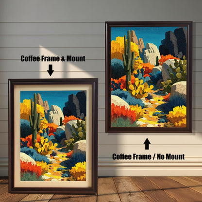 Two coffee (dark brown) framed art prints of a colorful desert landscape. The image on the left shows the art with a mount (matting). The image on the right shows the art in a coffee frame with no mount. Text indicates the difference.