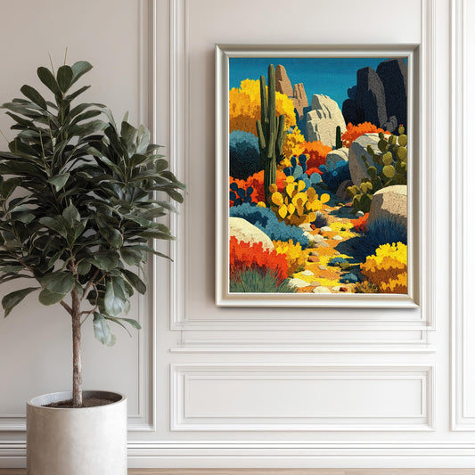 A large, silver-framed art print of a colorful abstract desert landscape hanging on a white wall with wainscoting next to a tall, potted fiddle-leaf fig plant.