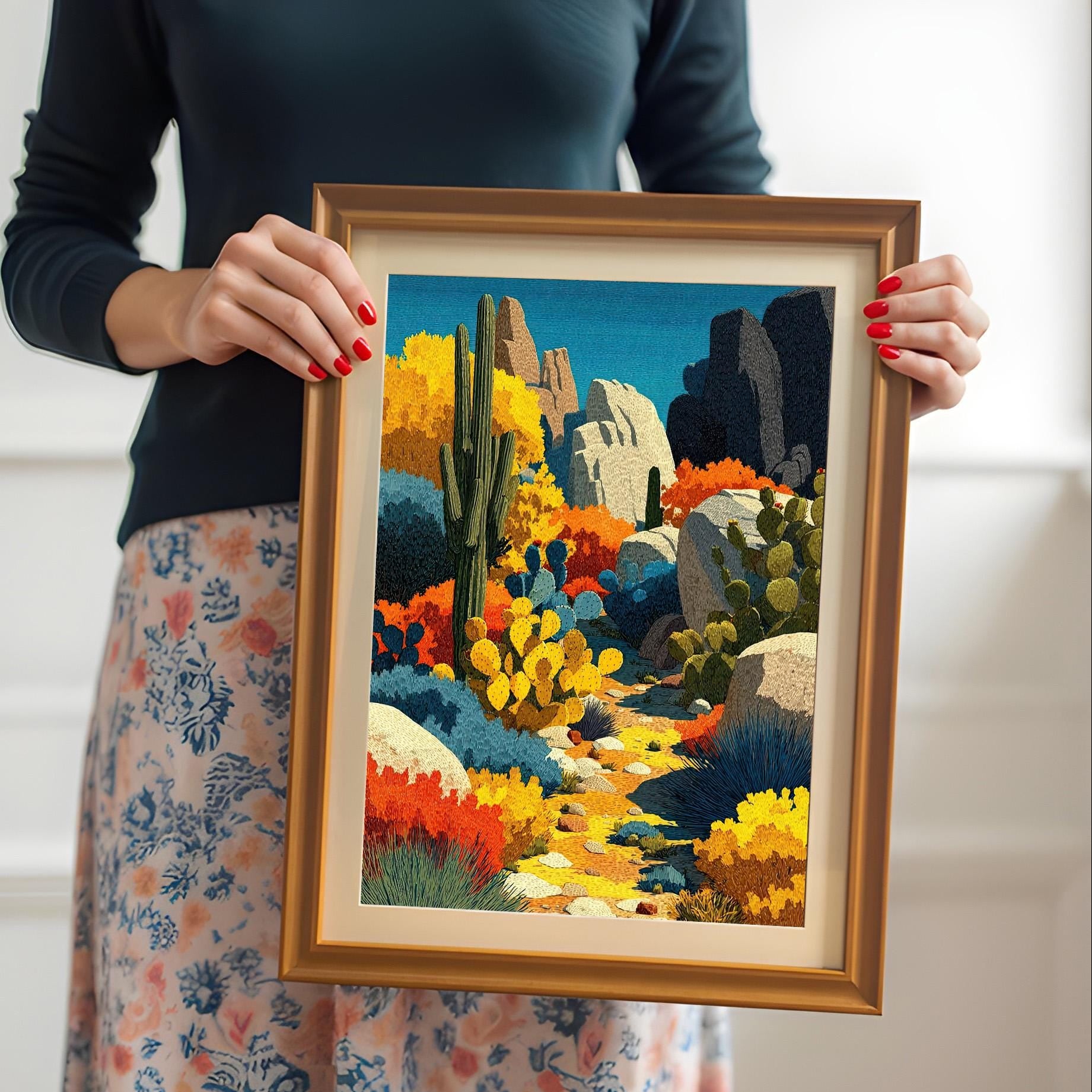 A person wearing a dark top and floral skirt holds a medium-sized, orange-framed art print of a colorful desert landscape with a light-colored mount.