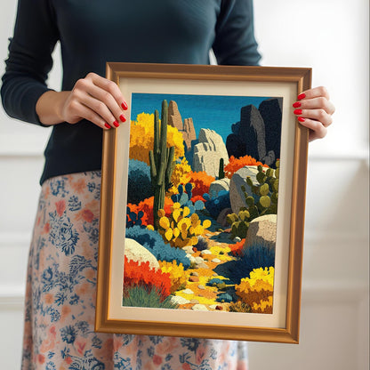 A person wearing a dark top and floral skirt holds a medium-sized, orange-framed art print of a colorful desert landscape with a light-colored mount.