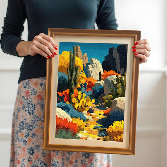 A person wearing a dark top and floral skirt holds a medium-sized, orange-framed art print of a colorful desert landscape with a light-colored mount.