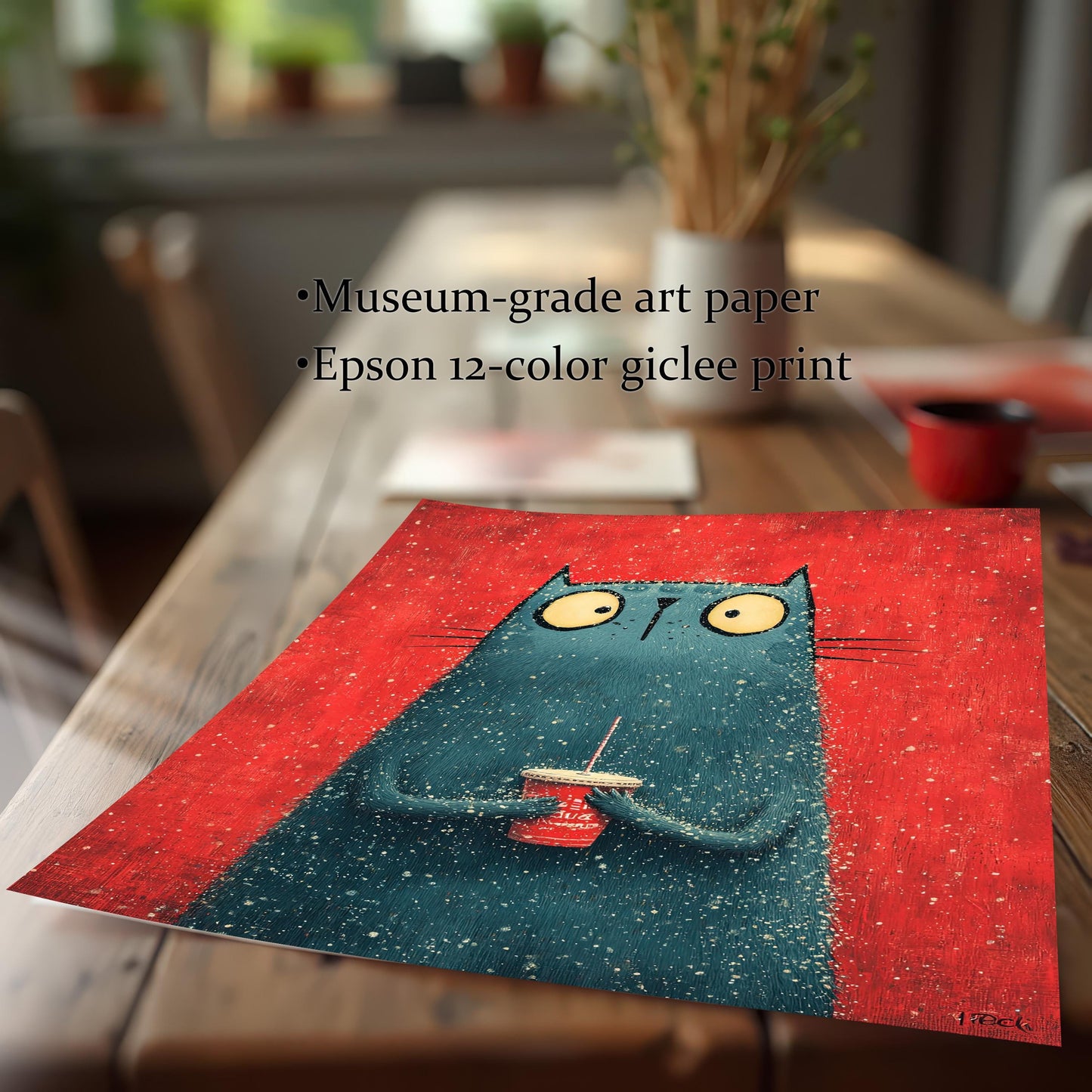 A close-up of the unframed cat print, lying diagonally on a wooden table. Text overlay highlights the print quality: Museum-grade art paper and Epson 12-color giclee print.