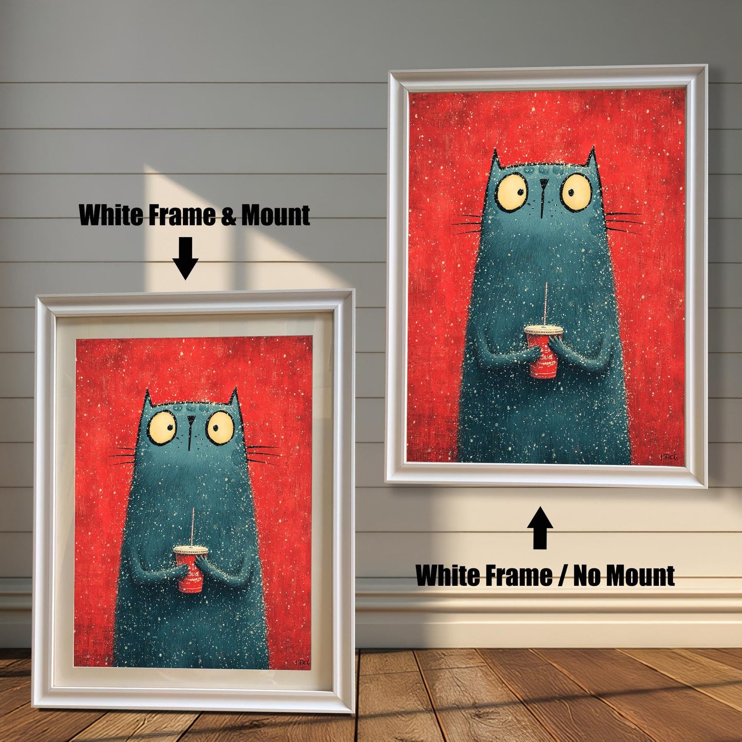 A split image showing the cat print. On the left, the print is displayed in a White Frame & Mount (with a light border around the print). On the right, the print is shown in a White Frame / No Mount.