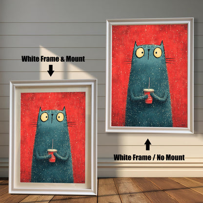 A split image showing the cat print. On the left, the print is displayed in a White Frame & Mount (with a light border around the print). On the right, the print is shown in a White Frame / No Mount.