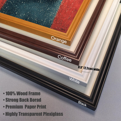 A close-up, stacked view of four frame corners showing the color and material: Orange, Coffee (brown), White, and Black. Text states the frames are 0.9" (2.2cm) wide and lists features: 100% Wood Frame, Strong Back Board, Premium Paper Print, and Highly Transparent Plexiglass.