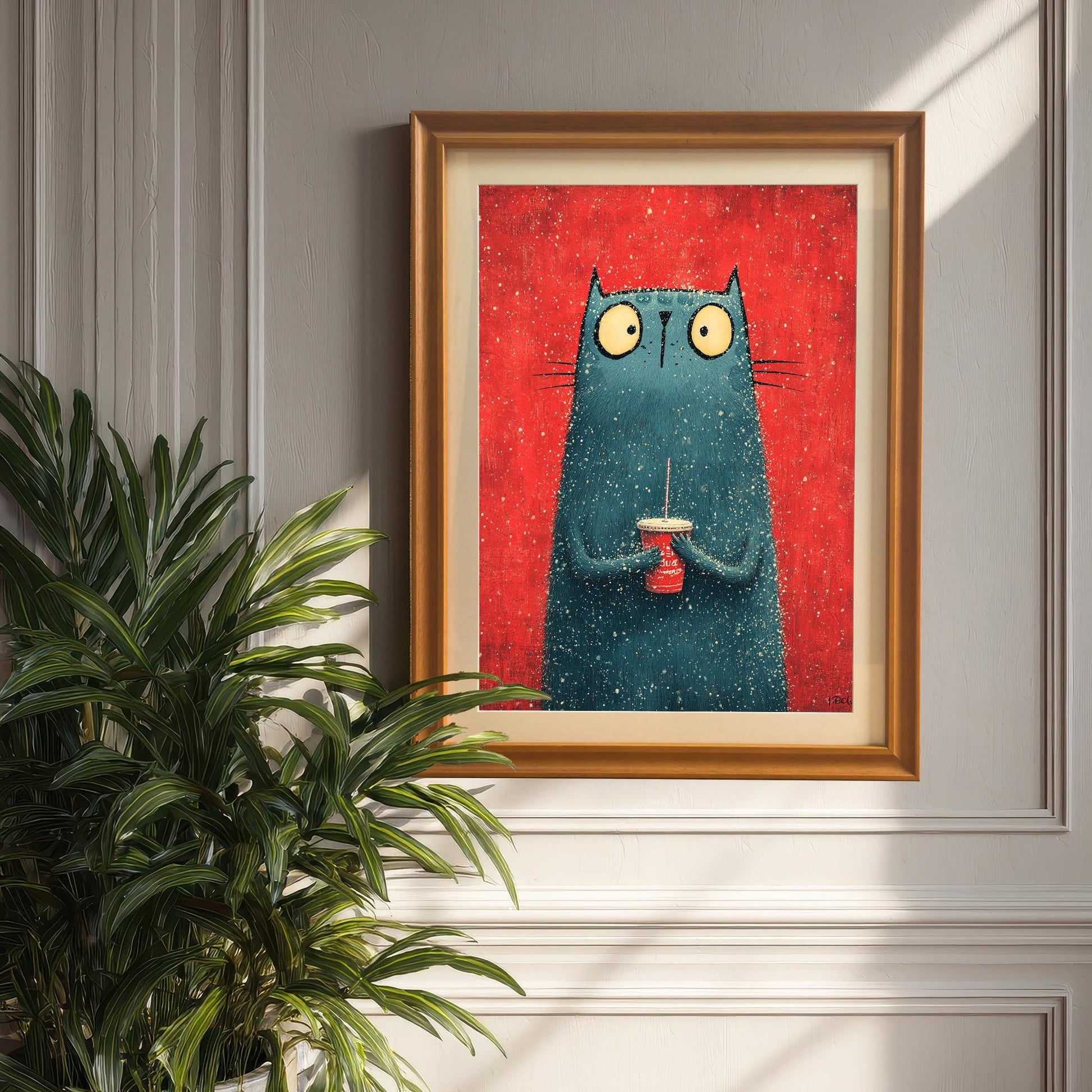 A framed print with an Orange Frame hanging on a gray, panelled wall. A large green houseplant partially obscures the lower left of the frame. Sunlight streams in from the side, highlighting the picture.