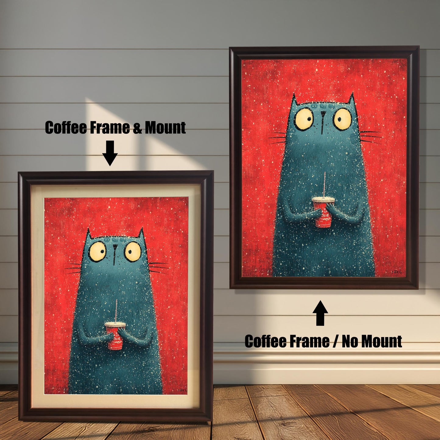 A split image showing the cat print. On the left, the print is displayed in a Coffee Frame & Mount (a dark brown frame with a light border around the print). On the right, the print is shown in a Coffee Frame / No Mount.