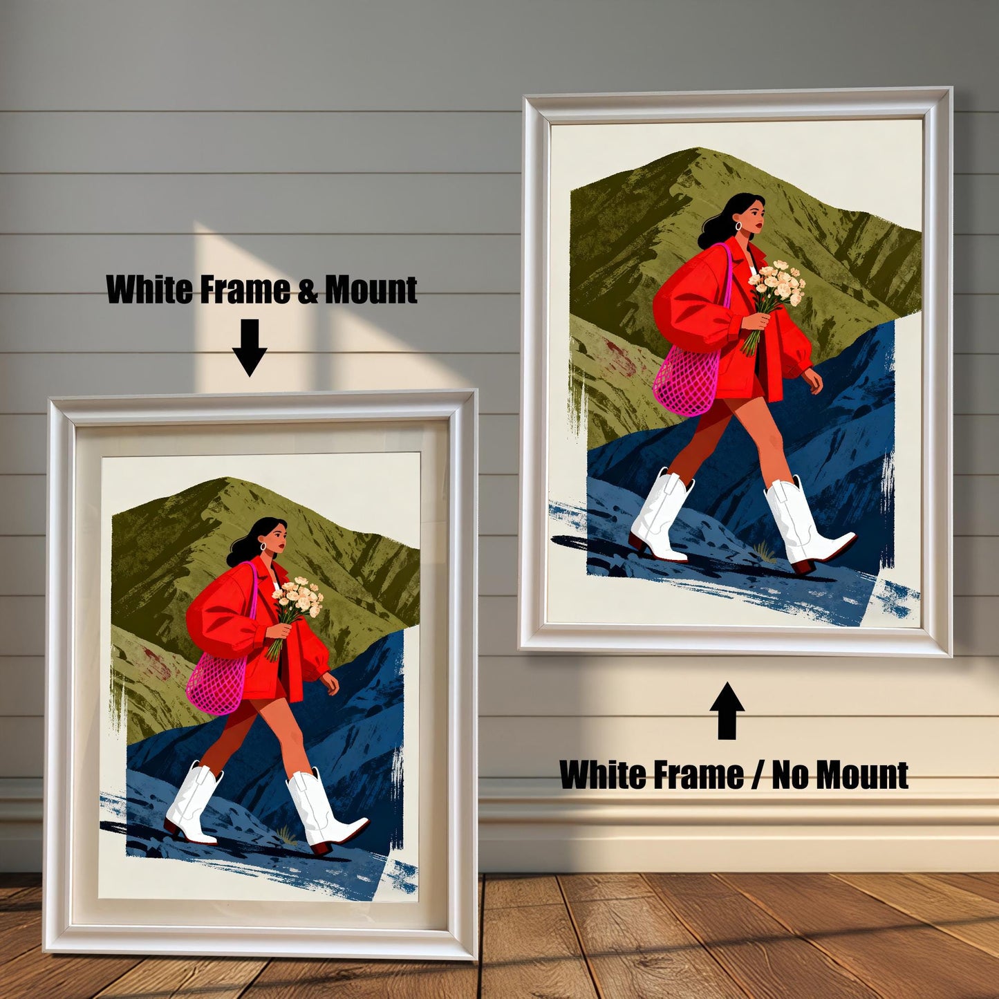 A split image showing the hiking woman print. On the left, the print is displayed in a White Frame & Mount (with a light border around the print). On the right, the print is shown in a White Frame / No Mount.
