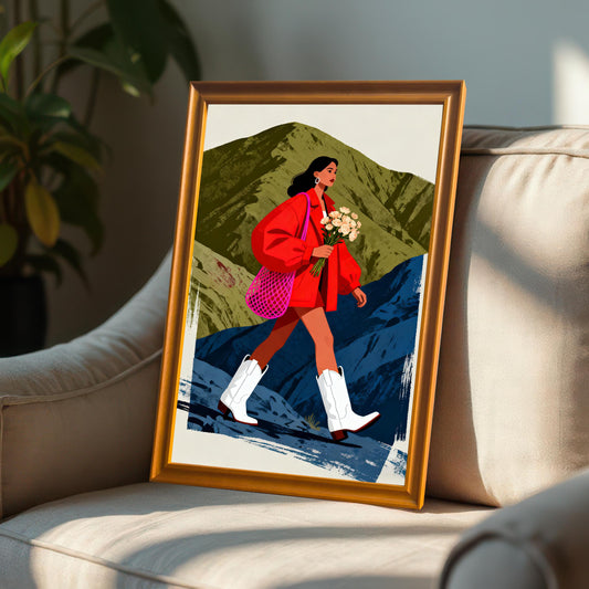 A framed print with an Orange Frame leaning back against a beige armchair. Sunlight streams from the side, illuminating the scene.