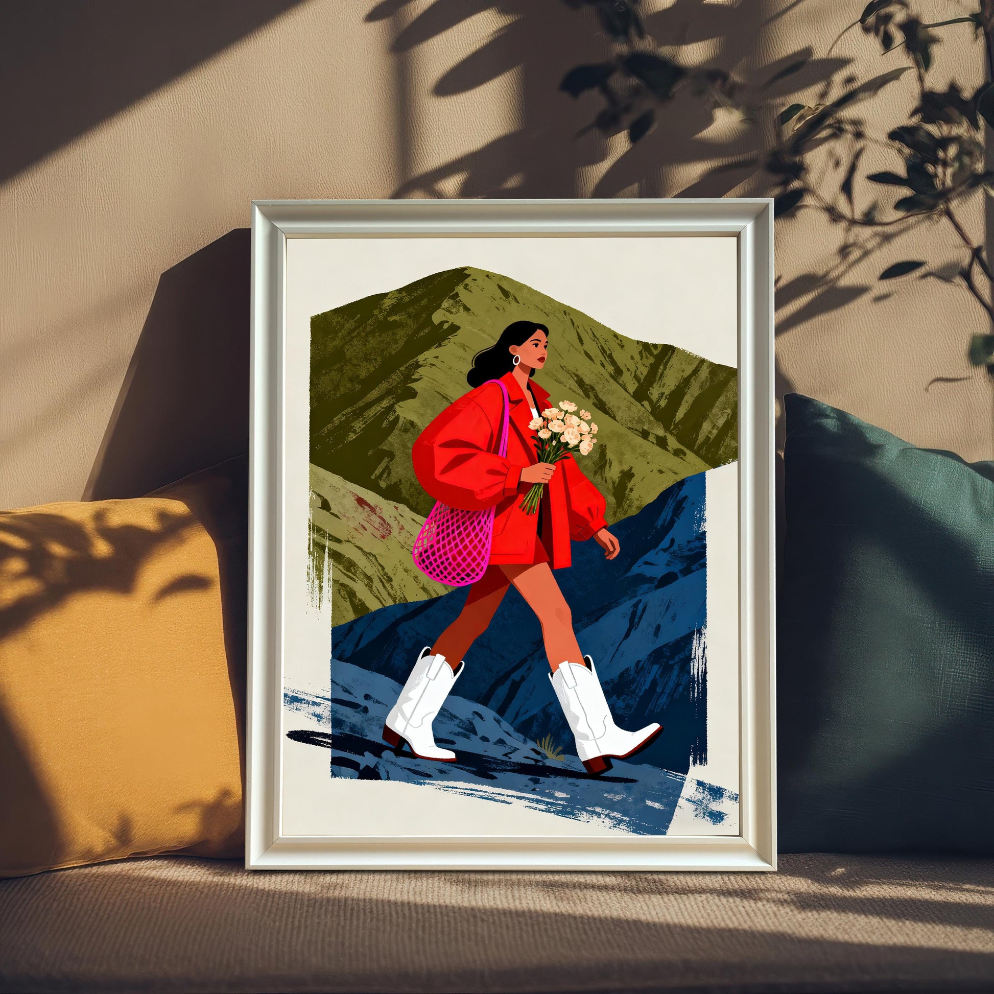 A framed art print featuring a woman in a red jacket and white cowboy boots walking across a stylized mountainous landscape. The print is in a White Frame and is propped up on a couch or cushion between a yellow cushion and a dark teal cushion.