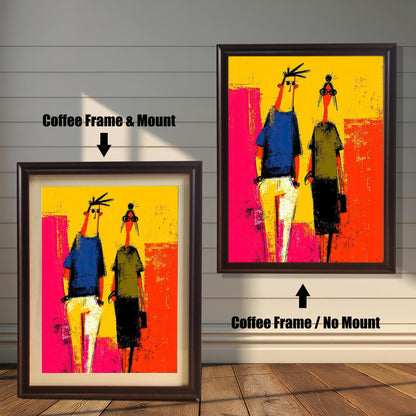 Comparison of two Coffee Frame options: Left is a framed abstract art print with a Mount (matting), and right is the same print in a Coffee Frame with No Mount.