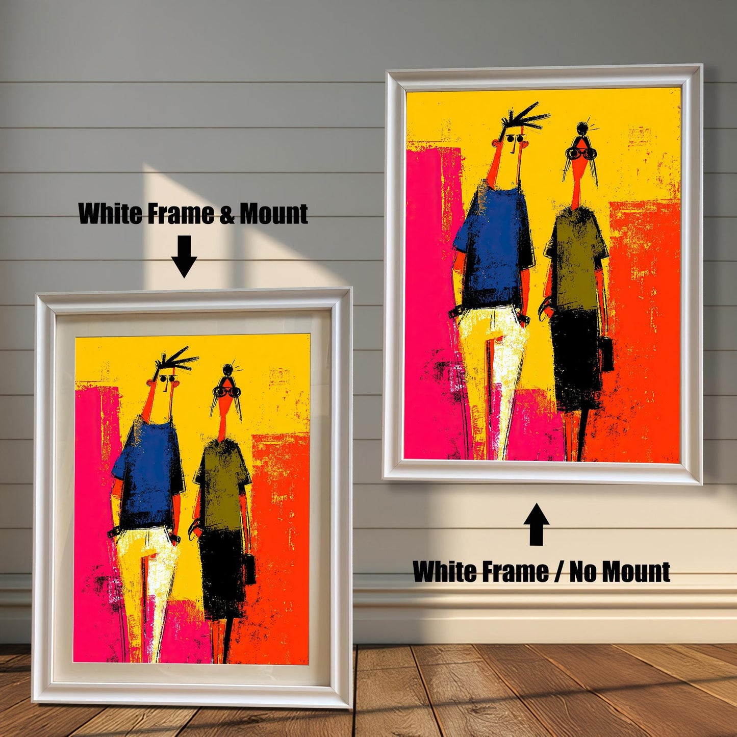 Comparison of two White Frame options: Left is a framed abstract art print with a Mount (matting), and right is the same print in a White Frame with No Mount.