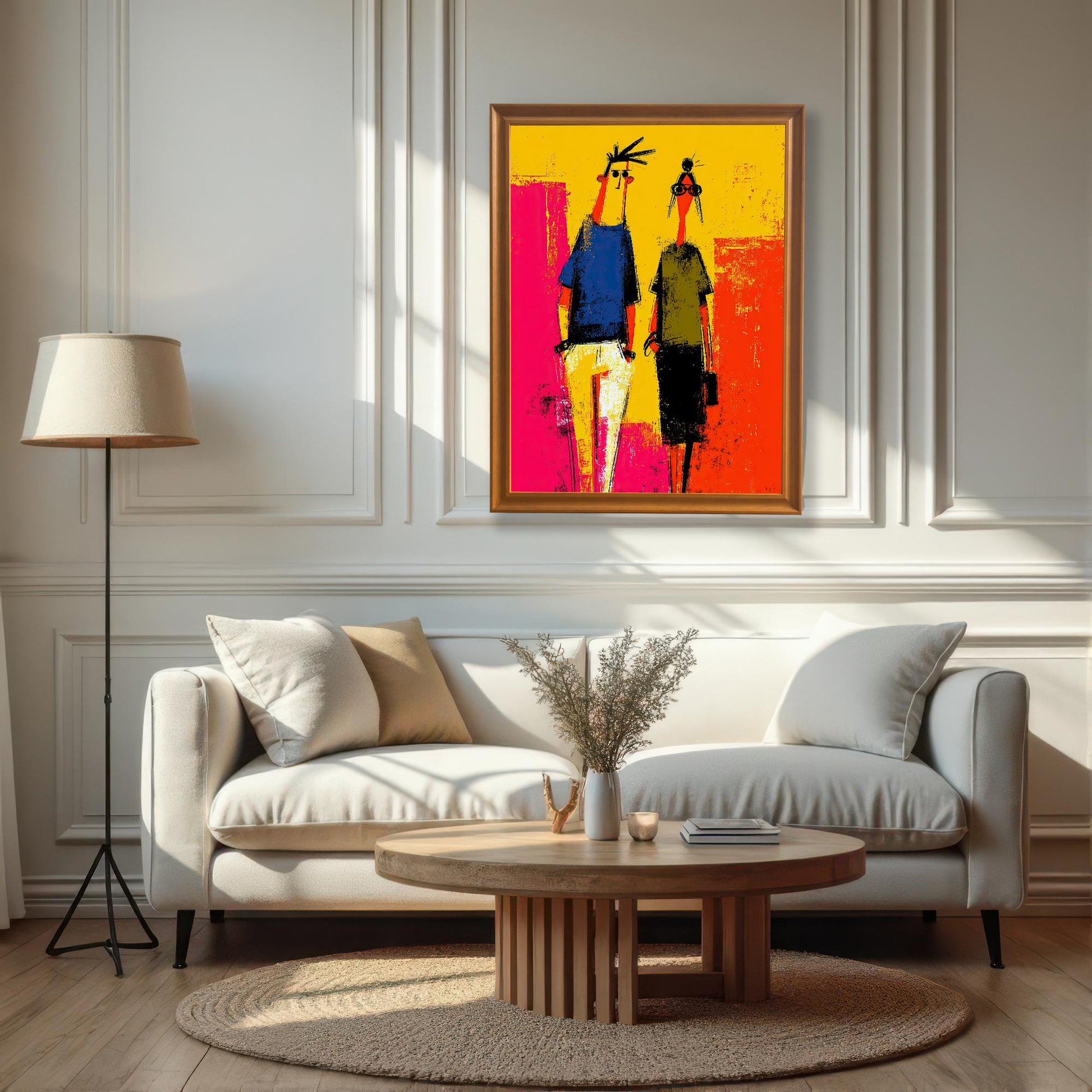 Large framed abstract print of two figures, dominated by yellow, pink, blue, and black, hanging on a white paneled wall above a light sofa and round wooden coffee table. Frame is a warm brown/gold color.