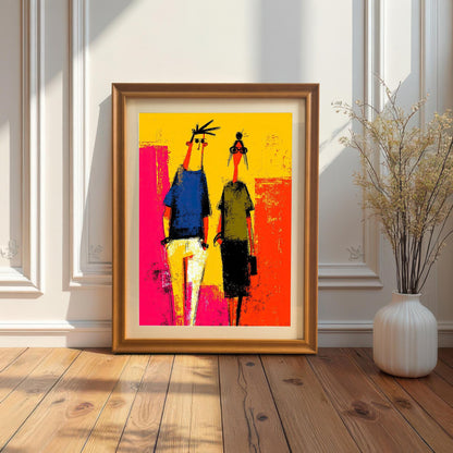 Abstract art print in a warm, light Orange/Gold frame leaning on a wooden floor against a white paneled wall next to a tall white vase.