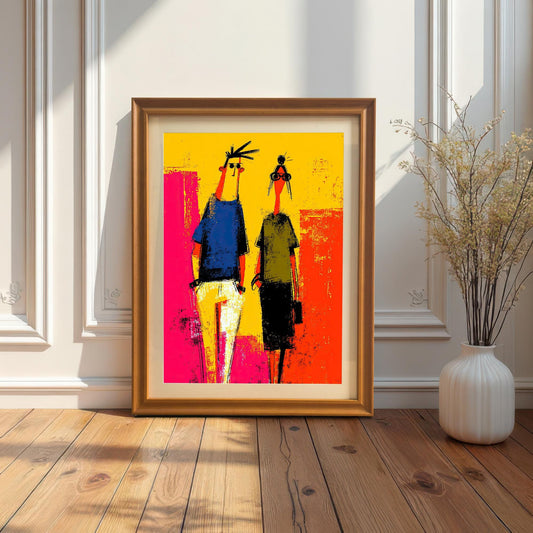 Abstract art print in a warm, light Orange/Gold frame leaning on a wooden floor against a white paneled wall next to a tall white vase.