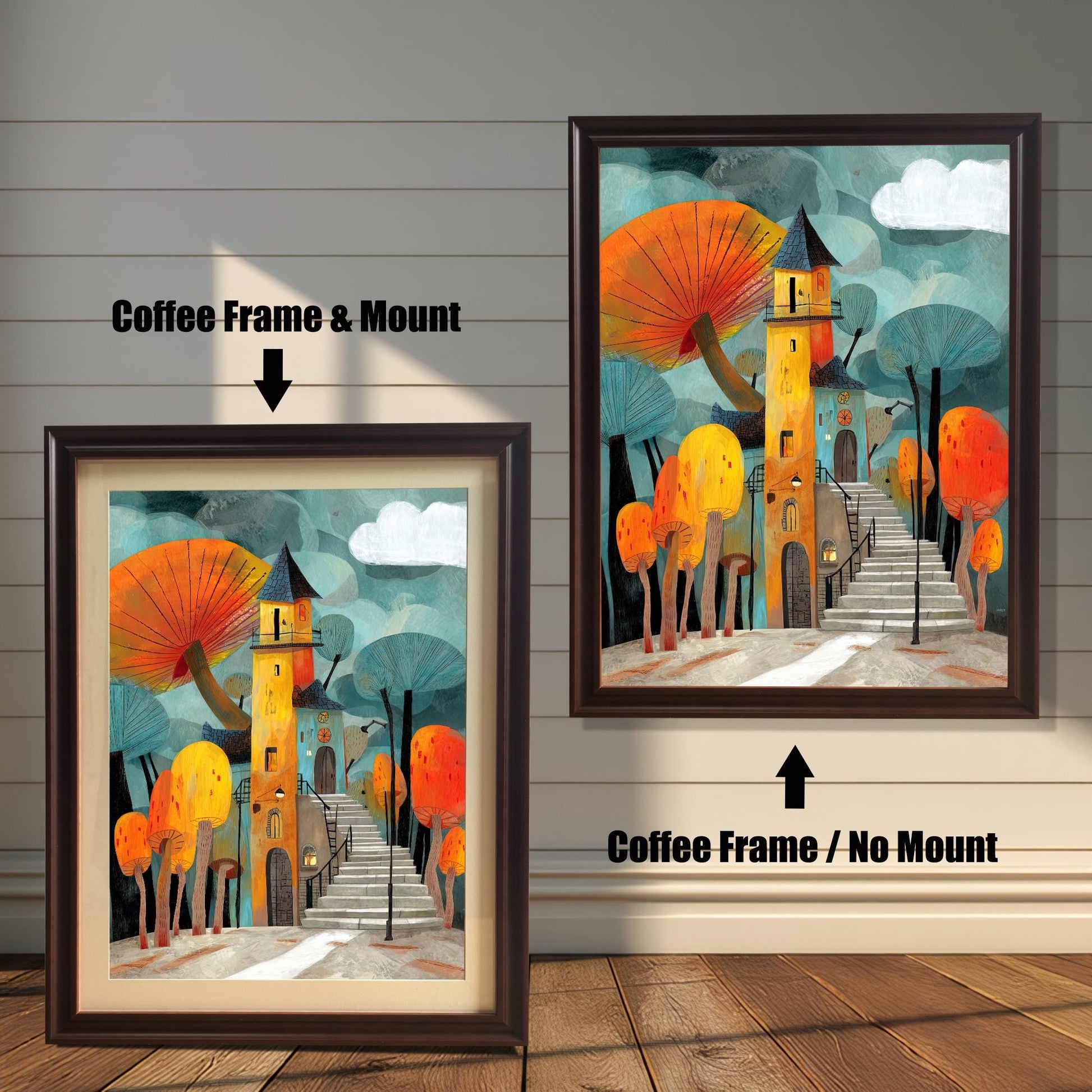 Comparison of two Coffee Frame options for the whimsical mushroom house art print: Left shows the print with a Mount (matting), and right shows the print with No Mount.