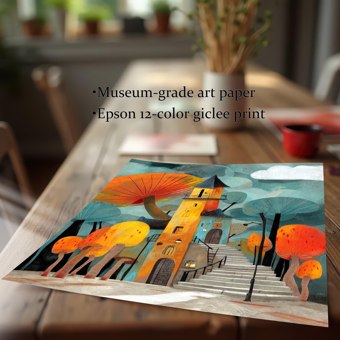 Close-up view of the unframed mushroom house print on a wooden table. Text confirms the materials: Museum-grade art paper and Epson 12-color giclee print.