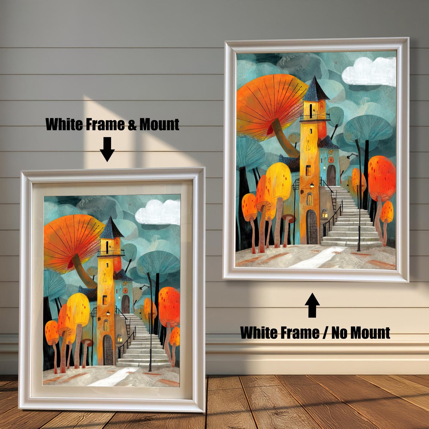 Comparison of two White Frame options for the whimsical mushroom house art print: Left shows the print with a Mount (matting), and right shows the print with No Mount.