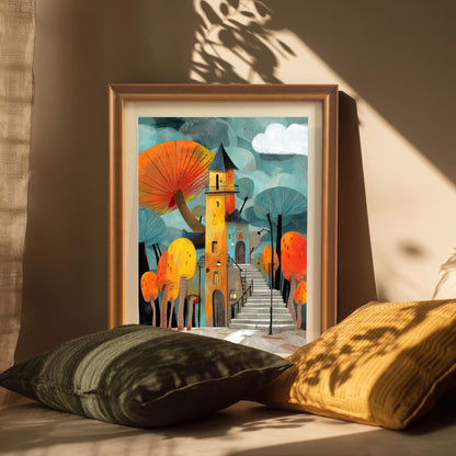 The whimsical mushroom house print in a natural Wood Frame is leaning against a wall, resting on a surface with two plush pillows, highlighting sun and shadow patterns.