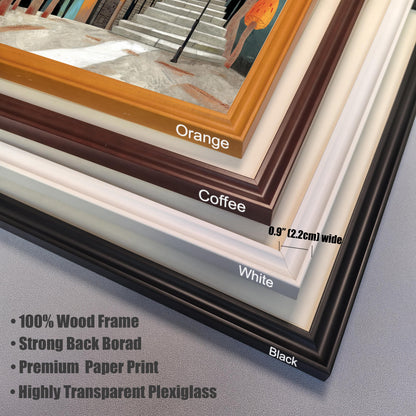 Stacked corner view showing the four available frame colors: Orange, Coffee, White, and Black. Details highlight 100% Wood Frame, 0.9" wide profile, and Highly Transparent Plexiglass.
