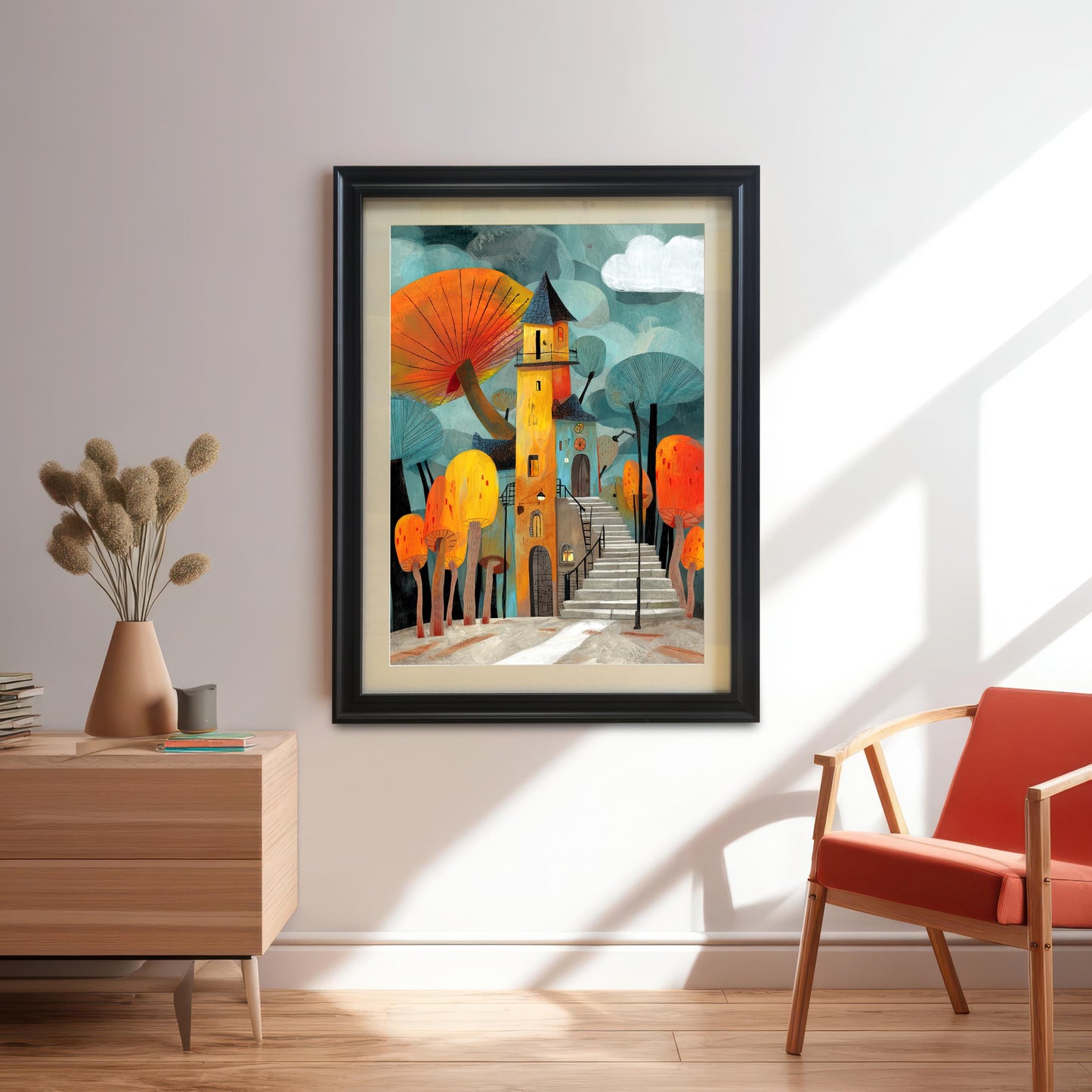 Framed art print of the whimsical mushroom house in a Black Frame with a Mount, hanging on a white wall above a wooden side table and next to an orange armchair.