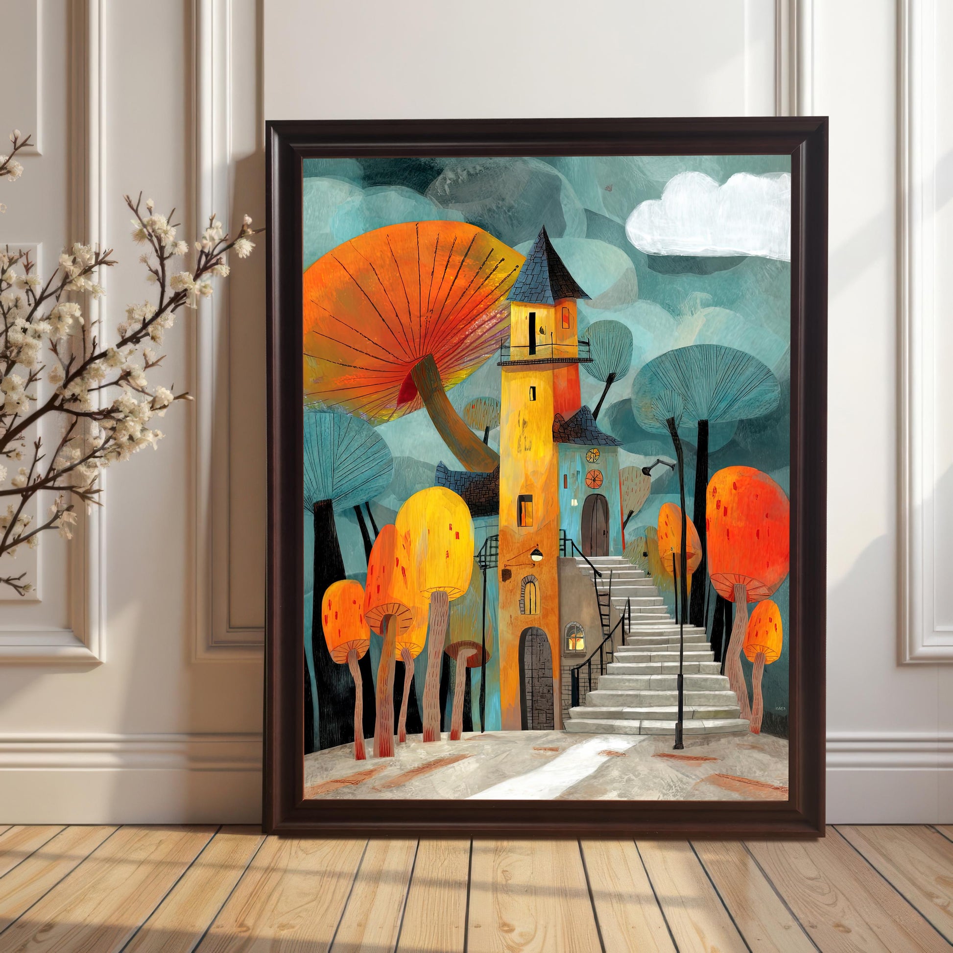 Fantasy art print of the mushroom house and blue forest in a dark Coffee Frame (no mount), standing on a wooden floor against a white paneled wall next to a vase of dried flowers.