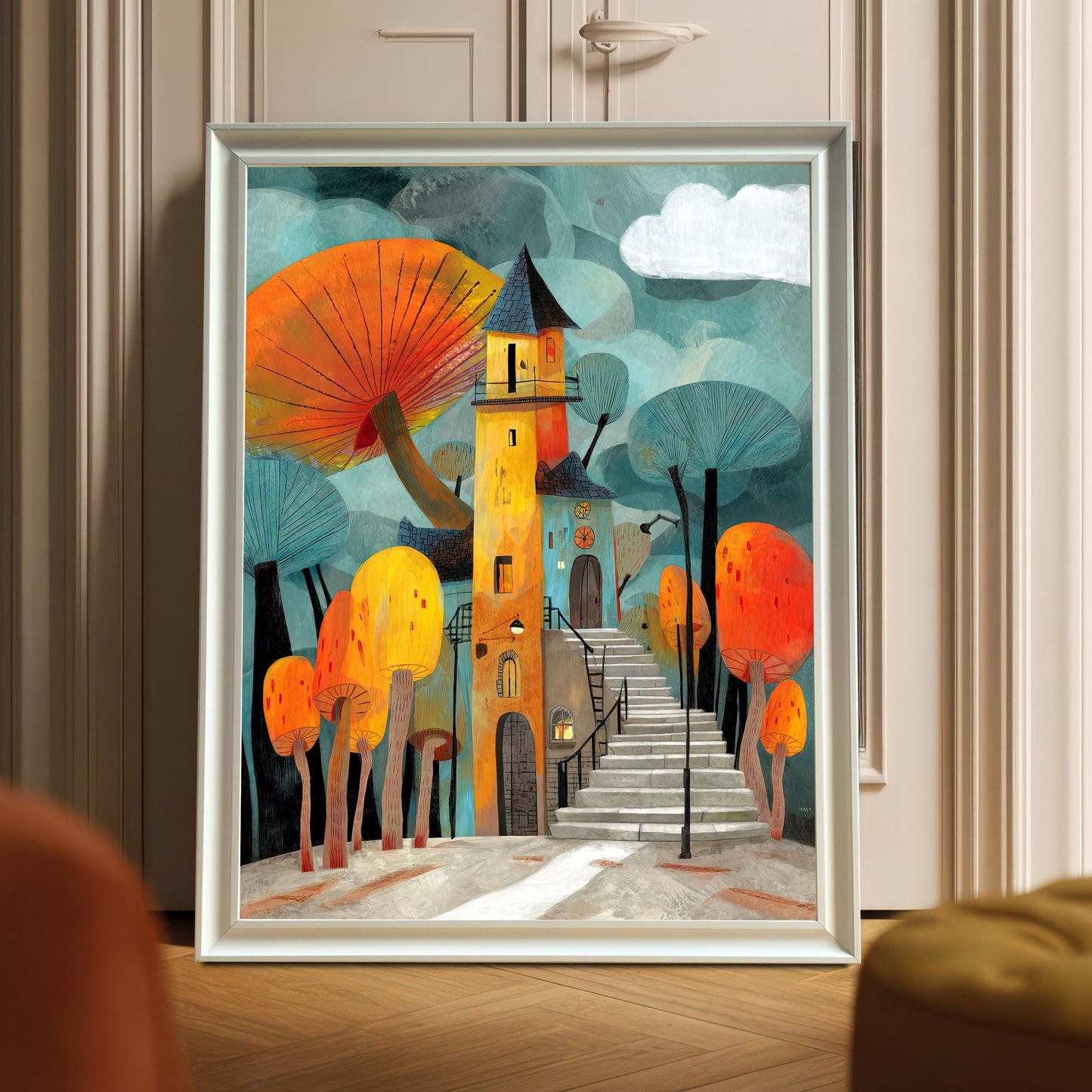 Whimsical art print of a yellow mushroom house with a tall staircase and giant orange mushrooms, displayed in a White Frame (no mount) leaning against a beige paneled door or wall.