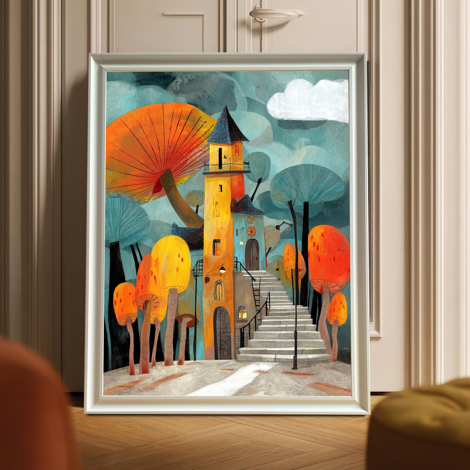 Whimsical art print of a yellow mushroom house with a tall staircase and giant orange mushrooms, displayed in a White Frame (no mount) leaning against a beige paneled door or wall.