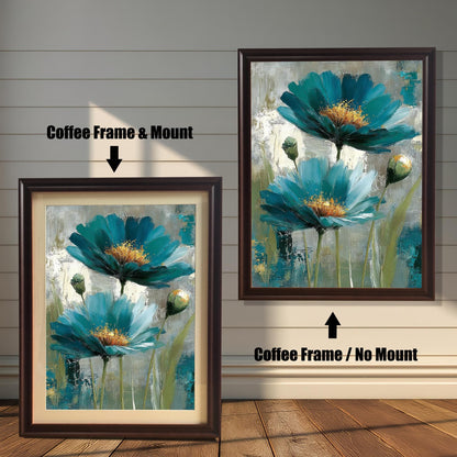 Comparison of a Coffee-colored wood frame with a cream mount (mat) on the left, and a Coffee-colored wood frame without a mount on the right. Both feature the abstract teal floral print.