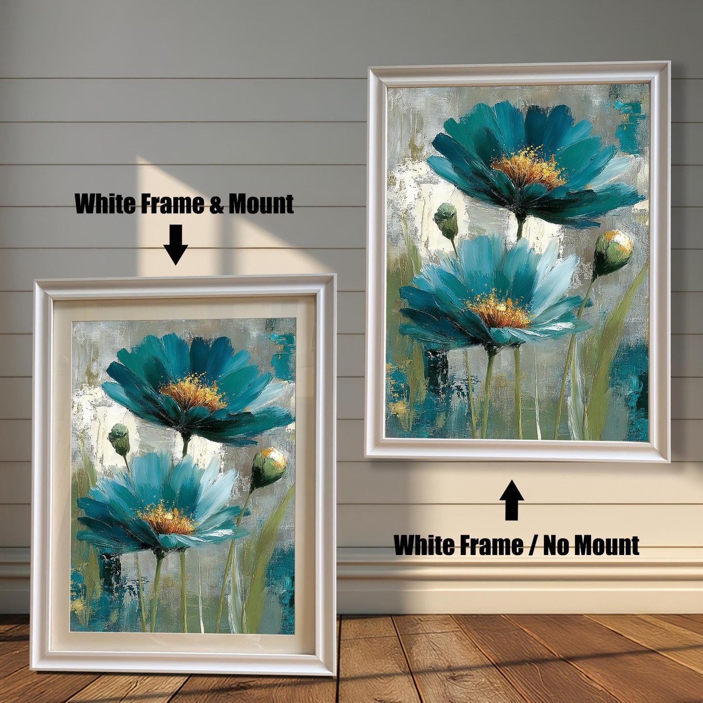 Comparison of a White wood frame with a cream mount (mat) on the left, and a White wood frame without a mount on the right. Both feature the abstract teal floral print.