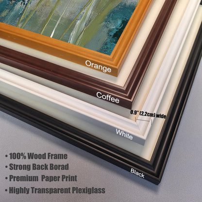 A close-up view of the four available wood frame colors: Orange, Coffee, White, and Black. The frame width is shown as 0.9" (2.2cm). The image also lists key features: "100% Wood Frame," "Strong Back Board," "Premium Paper Print," and "Highly Transparent Plexiglass."