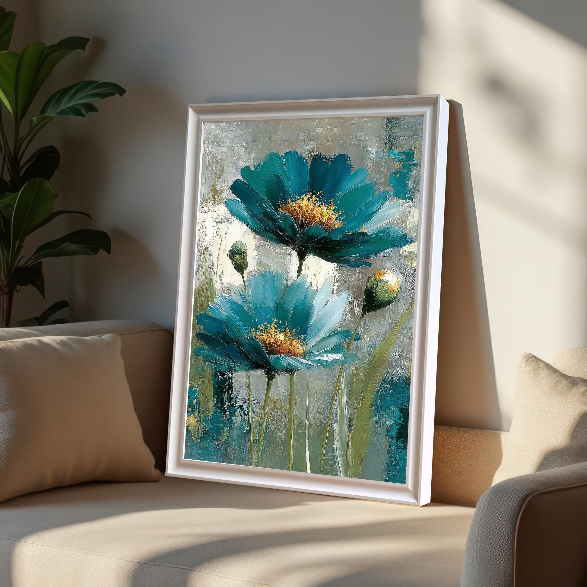 A framed art print in a White wood frame without a mount leaning on a light-colored sofa or armchair. The print features the abstract teal floral painting.