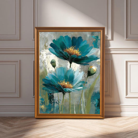 A vertical framed art print in an Orange wood frame without a mount leaning against a wainscoted wall, lit by sunlight. The print is of two teal/turquoise flowers.