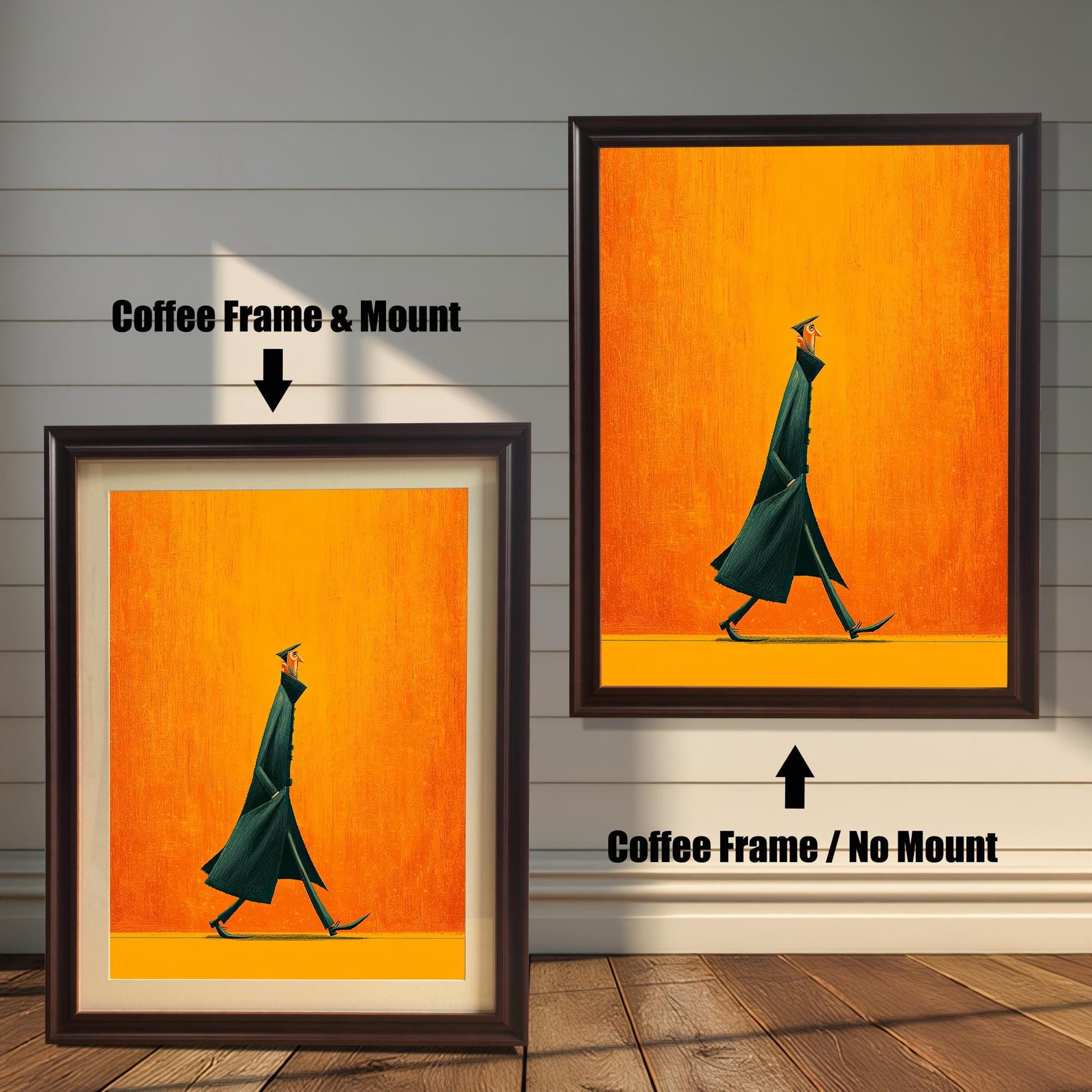 Abstract art print of a figure in a dark coat against an orange background, shown in a Coffee Frame with a Mount (white border) on the left and a Coffee Frame with No Mount on the right.