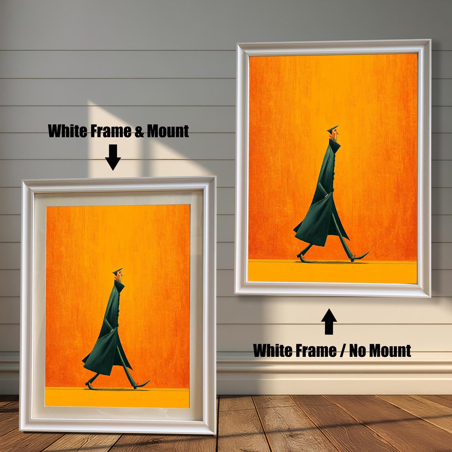 Abstract art print of a figure in a dark coat against an orange background, shown in a White Frame with a Mount (white border) on the left and a White Frame with No Mount on the right.