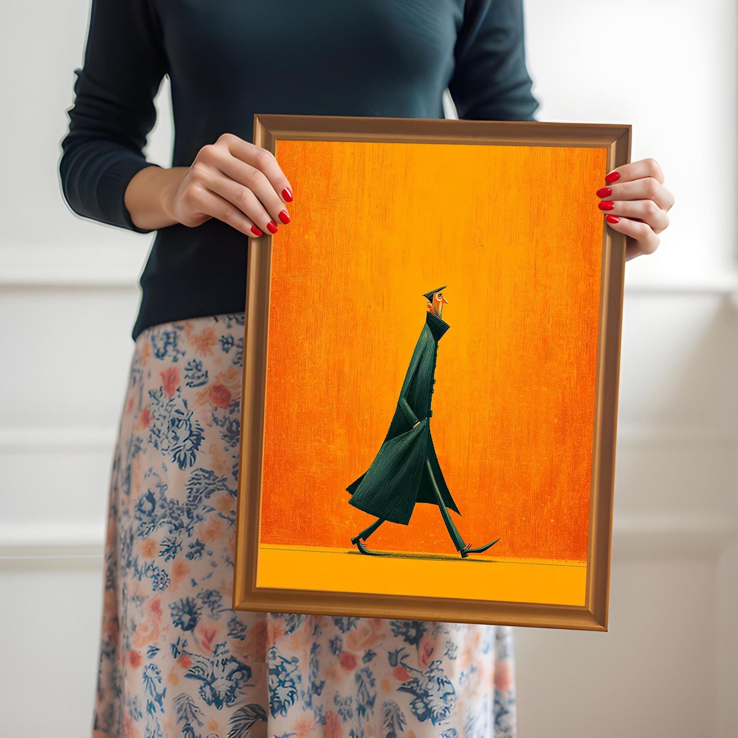 Woman in a dark top and floral skirt holding the framed artwork (Orange Frame, No Mount) to show its scale and size.